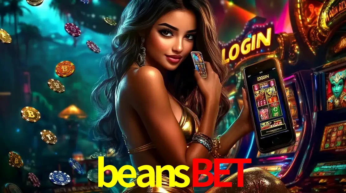 Mulher em um cenário de cassino temático de aventura, mostrando o app de caça-níqueis da beansbet no celular. Fichas de apostas flutuam ao redor.