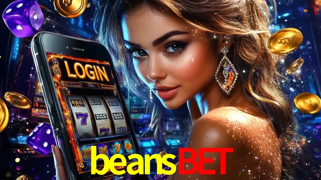 Mulher glamorosa segurando um smartphone com a tela de login para os jogos de caça-níqueis do cassino online beansbet, com moedas de ouro e dados ao redor.