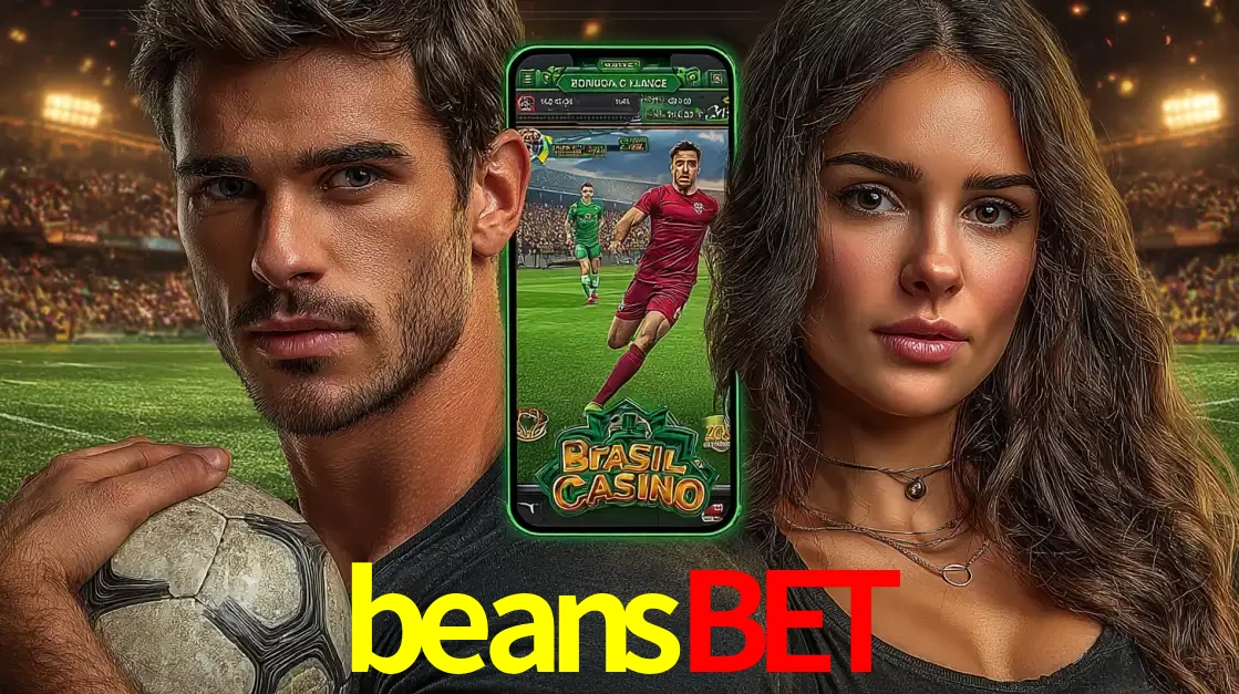 Homem segurando uma bola de futebol e uma mulher ao lado de um smartphone exibindo o jogo de apostas esportivas da beansbet. Faça seu palpite no cassino online.